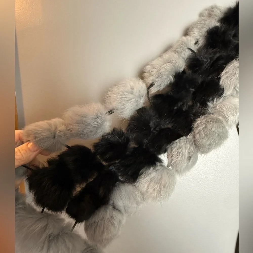 Vintage Rabbit Fur Pom Pom Scarf Black & Grey 5x54 EUC Velvety Soft